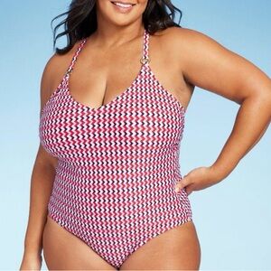 Kona Sol 1 Piece Swimsuit Red Blue Wide Ribbed Ring Plus Size 22 NWT